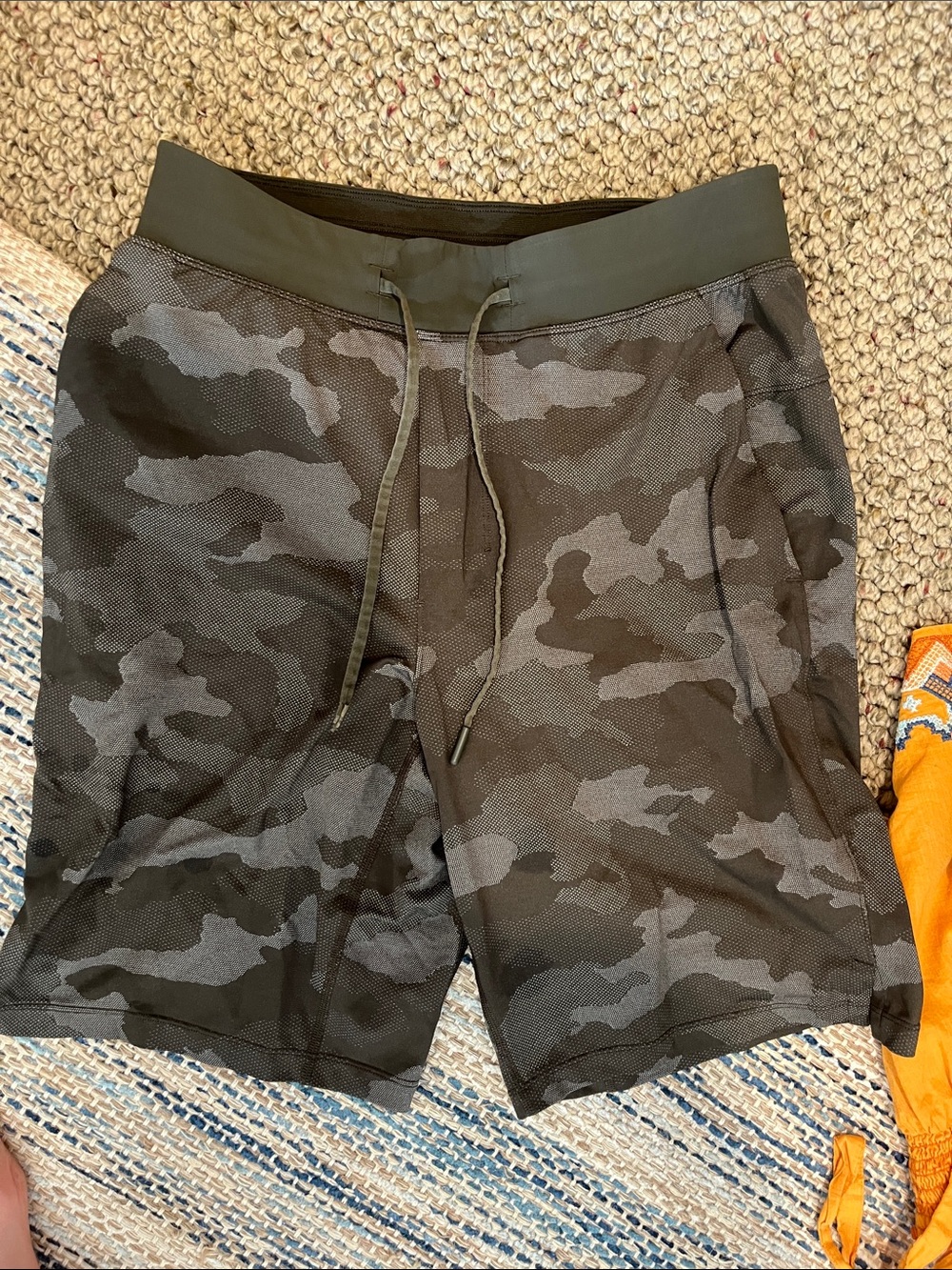 Lululemon Men's Olive Camo Athletic Shorts with Drawstring